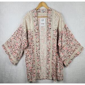 Cottagecore Cardigan OS Kimono Sleeves Lace Open Pink Multicolor Floral Cover Up